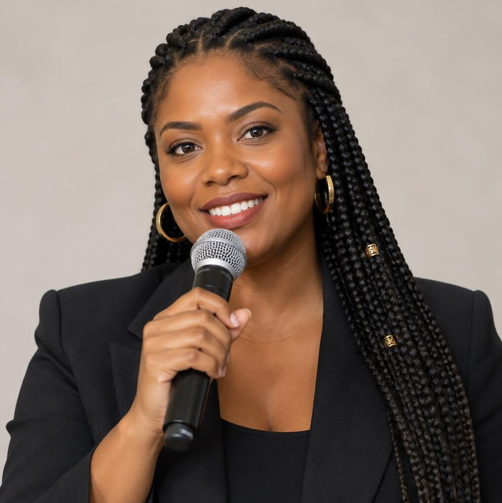 Brazilian woman holding a microphone while speaking