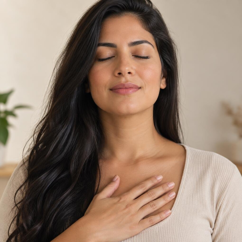 Brazilian woman with a calm, reflective expression