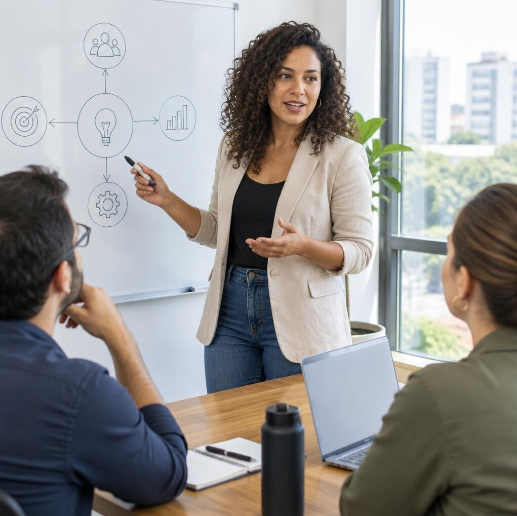 Brazilian woman presenting communication concepts on a whiteboard to colleagues