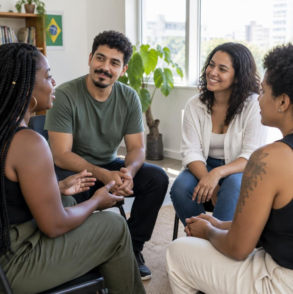 Small diverse Brazilian group having a supportive group conversation